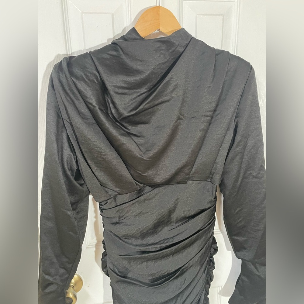 House of CB London Dress Small Giorgiana Ruched Long Sleeve Satin Black Party - Picture 4 of 8